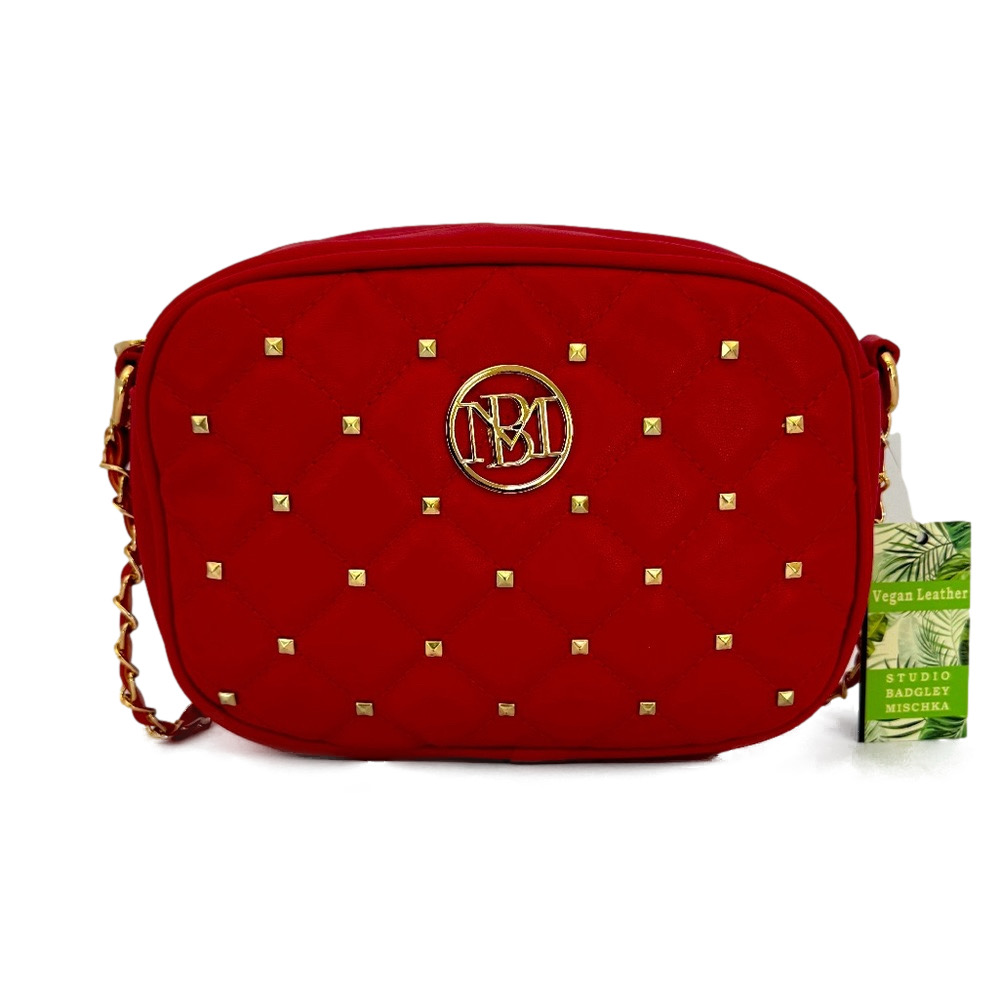 BADGLEY MISCHKA Diamond Quilted Camera Bag, Gold hardware, studs, chain strap
